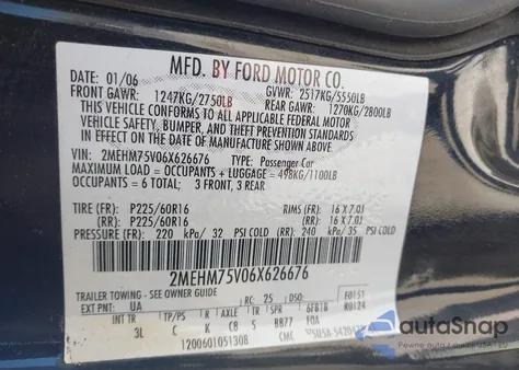 2006 Mercury Grand Marquis Ls from USA, damaged, VIN 2MEHM75V06X626676